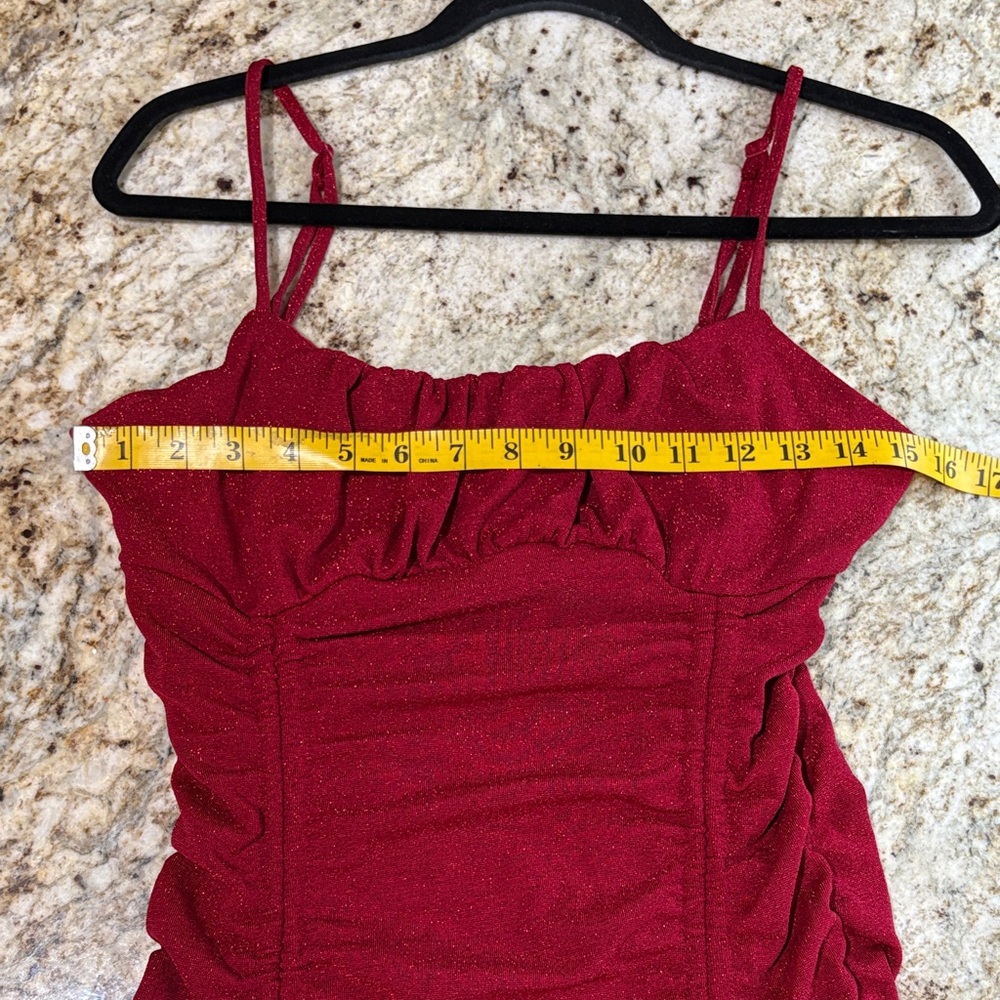 Red Ruched Sparkle Mini Dress - Picture 8 of 8